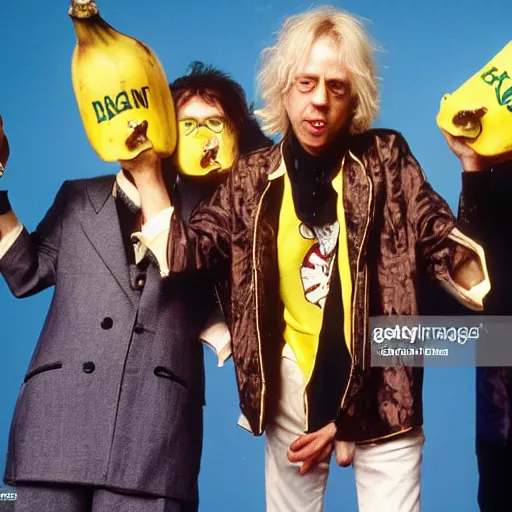 Prompt: bob geldof boomtown rats holding banana microphone, with banana costumed background singers, concert photo, getty images,