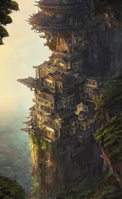 Prompt: japanese gothic architecture city on a cliff, airships, dense foliage scifi movie poster art by kim jung giu and weta studio, and lucasfilm and jesper ejsing and norman rockwell greg rutkowski frank frazzeta