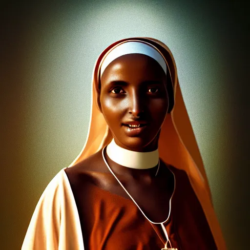 Prompt: photographic portrait of a stunningly beautiful renaissance ethiopian nun female in soft dreamy light at sunset, contemporary fashion shoot, by edward robert hughes, annie leibovitz and steve mccurry, david lazar, jimmy nelsson, breathtaking, 8 k resolution, extremely detailed, beautiful, establishing shot, artistic, hyperrealistic, beautiful face, octane render