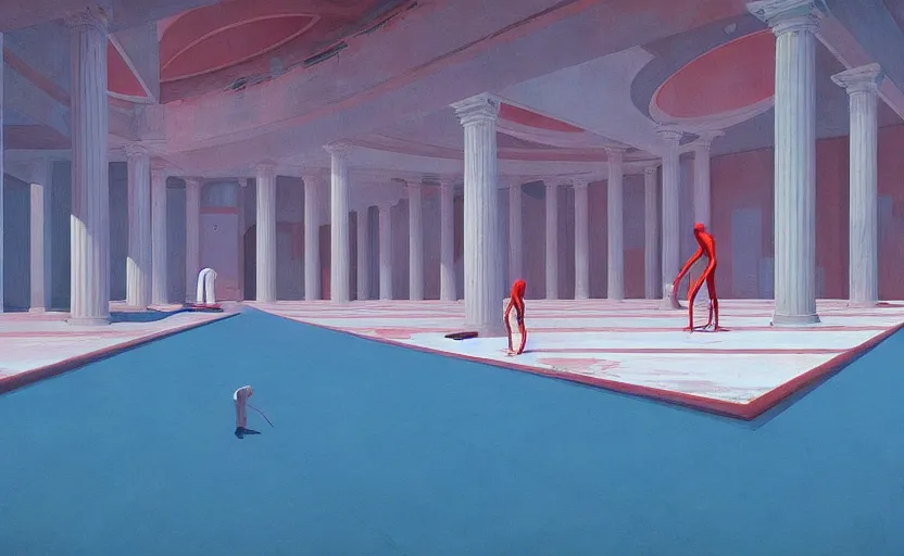 Prompt: Inside an empty big greek pool, very coherent, painted by Edward Hopper, Wayne Barlowe, painted by James Gilleard, airbrush, art by JamesJean