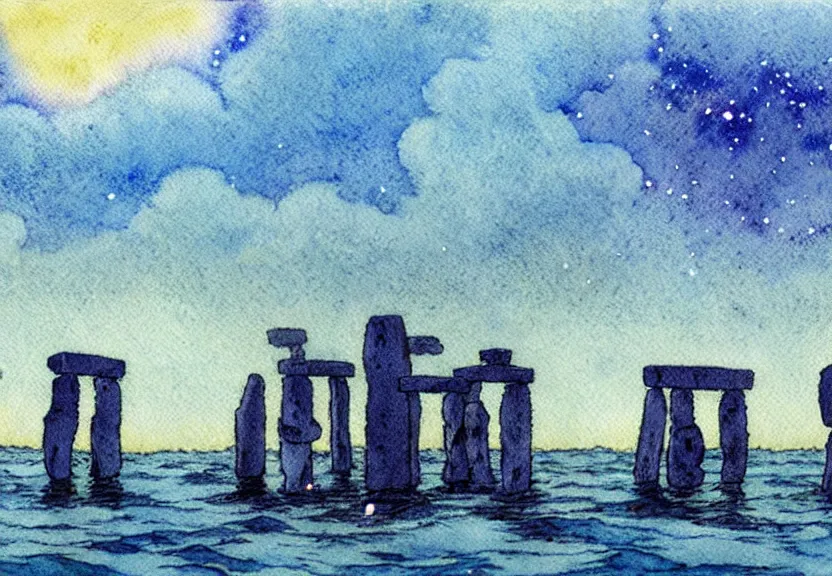 Prompt: a simple watercolor studio ghibli movie still fantasy concept art of stonehenge at the bottom of the ocean. a giant grey cube is floating in the air. it is a misty starry night. by rebecca guay, michael kaluta, charles vess