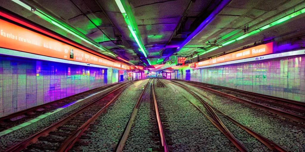 Image similar to empty subway station at night lit up by fluorescent, led and neon lights, night photography, 2 0 0 mm, f 4, canon