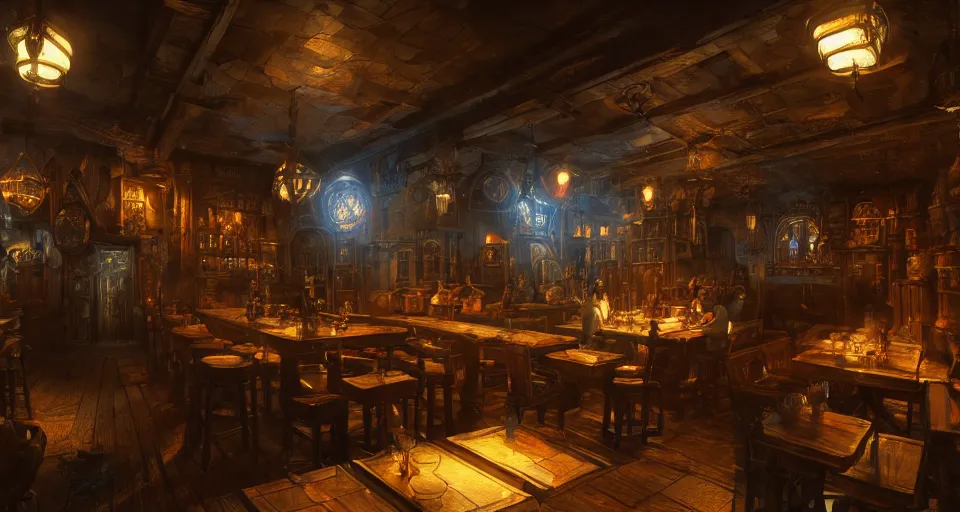 Image similar to alchemy tavern, hyperdetailed, artstation, cgsociety, golden hour 8 k, volumetric lighting, hard blue light