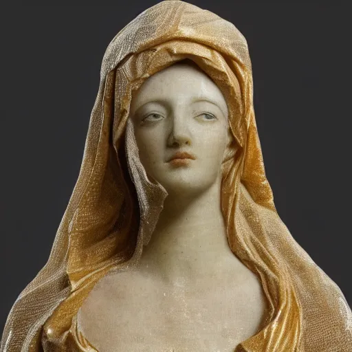 Prompt: a masterpiece marble sculpture of the veiled virgin, subsurface cracks, !dramatic !face, !female, covered in intricate !detailed golden !!streaked veil , physically based rendering, photo realistic, top light , dark background