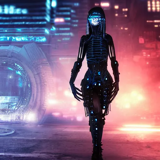 Image similar to a full body beautiful woman wearing a cyberpunk outfit by hr giger, blue eyes, weapons, electronics, high tech, cyber wear, concept art, fantasy, cyberpunk