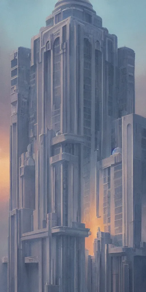 Prompt: greg rutkowski, morning sunrise over highly detailed artdeco palace