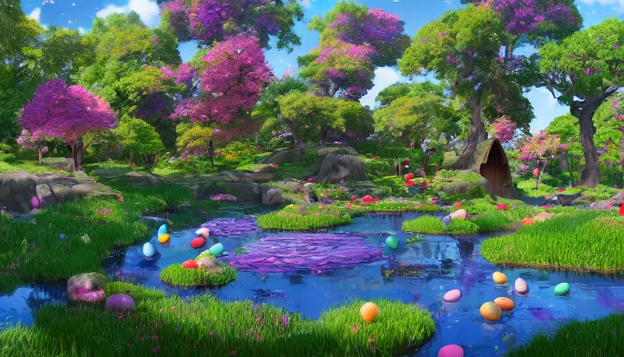 Image similar to a colorful easter land with a pond, beautiful ancient trees, hiding large treasure chest, serene evening atmosphere, soft lens, soft light, cel - shading, animation, in the style of cgsociety, deviantart, artstation, zbrush, cinema 4 d, studio ghibli, akihiko yoshida, atelier lulua, masamune shirow