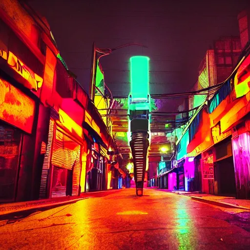 Prompt: neon lit dystopian city street lined with broken robots and metal