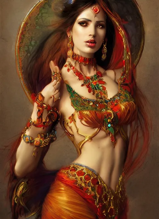 Prompt: formal portrait of powerful djinn, digital art by eugene de blaas, ross tran, and nasreddine dinet, vibrant color scheme, intricately detailed, in the style of romanticism, cinematic, artstation, greg rutkowski