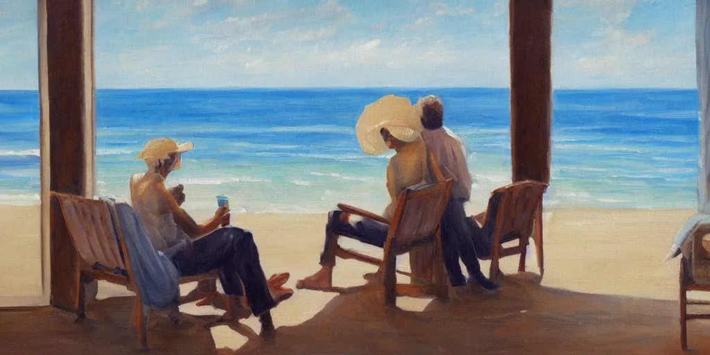 Prompt: a beautiful painting of a man watching the beach view with his wife in their house, oil on canvas