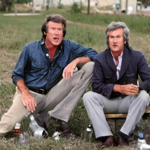 Image similar to kevin tighe and randy mantooth sitting by a dumpster, drinking from beer bottles, there are empty bottles scattered on the ground