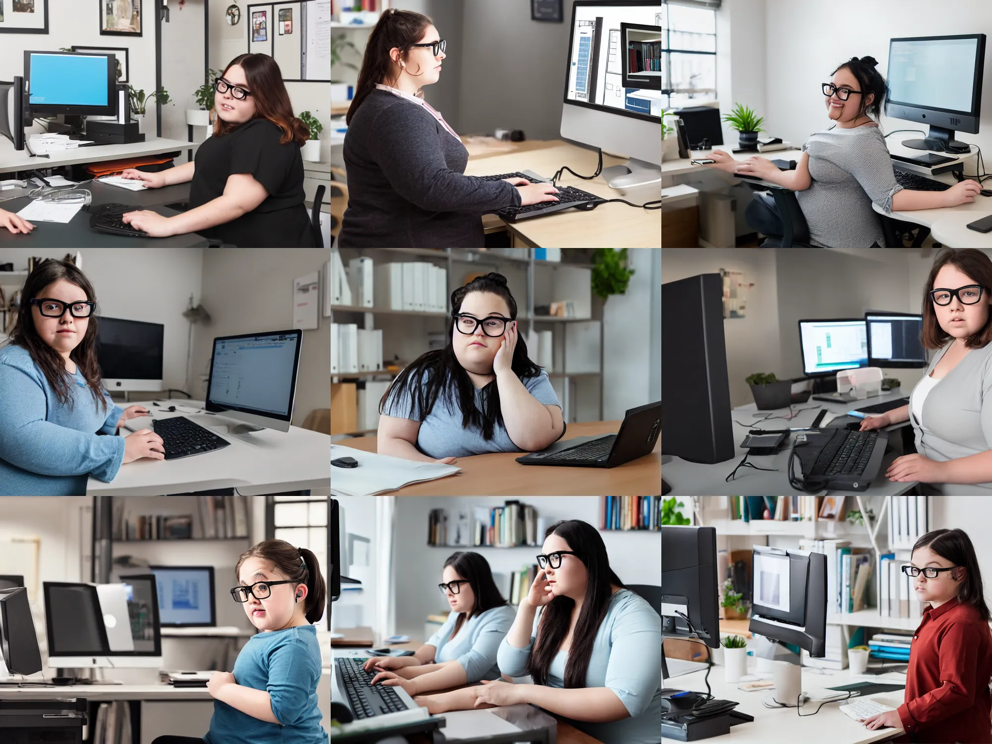 Prompt: an office with a chubby girl with glasses in front of a desktop pc typing, renaissance