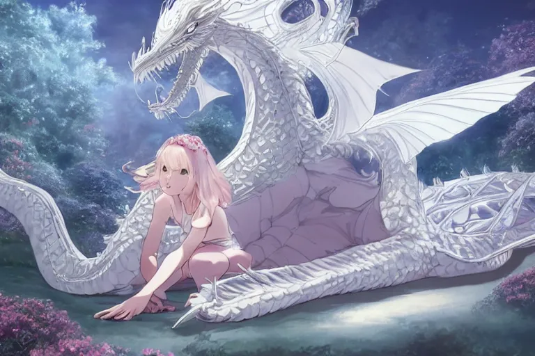 Image similar to a hyper detailed big render that beautiful princess lie on the ground be surrounded in the white clouds fairyland center by a huge silver white dragon, finely detailed angelic face, style of studio ghibli, makoto shinkai, xision, ilya kuvshinov and artgerm, kazuki tanahashi, james jean, animation style, golden curve composition, telephoto lens