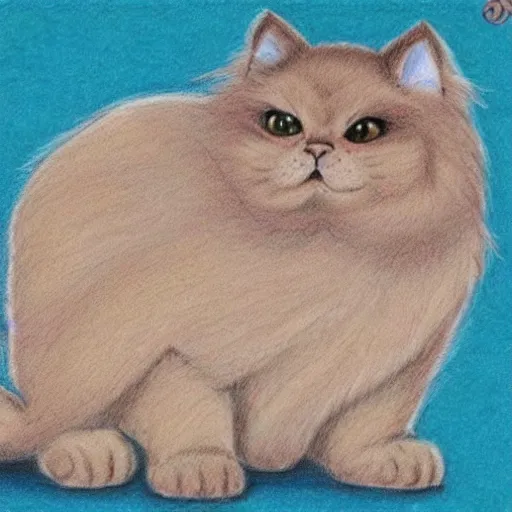 Prompt: chubby persian cat, drawing by Don Bluth, children's colored pencil drawing