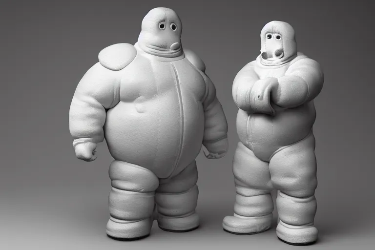 Prompt: a porcelain model of the Michelin Man Bibendum, sculpture, photograph, studio lighting, product photography, advertising photography, pottery, figurine, octane render