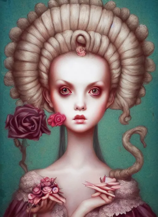 Image similar to pop surrealism, lowbrow art, realistic cute marie antoinette girl painting, japanese street fashion, hyper realism, muted colours, rococo, natalie shau, loreta lux, tom bagshaw, mark ryden, trevor brown style,