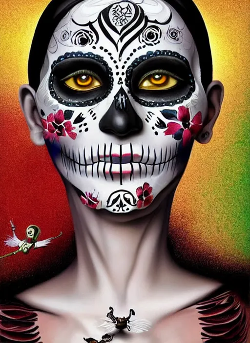 Image similar to dia de los muertos theme surrealist!!! art in the styles of igor morski, jim warren, and aida muluneh, intricate, hyperrealistic, accurate facial details, profile picture with chromakey!!!!! background, volumetric lighting