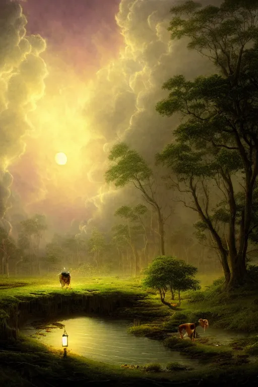 Prompt: a beautiful digital illustration painting of a detailed gothic fantasy secret calm creek babbling brooke cows drinking moon in sky fireflies, by benoit b. mandelbrot, steven belledin, martin johnson heade, lee madgwick, caspar david friedrich, and david rios ferreira. 8 k resolution trending on artstation concept art digital illustration