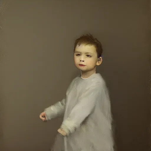 Image similar to tonalism flowing, cosy by akos major, by margaret modlin. a painting of a young boy disguised as a dragon. the boy is shown wearing a costume with dragon - like features, including a long tail, wings, & horns. he has a large grin on his face, suggesting that he is enjoying his disguise.