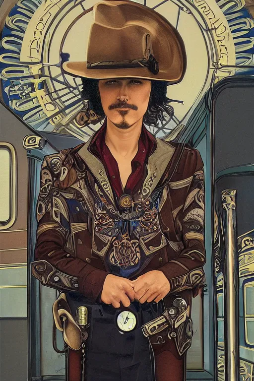Prompt: a dramatic ethereal epic symmetrical painting of a handsome villainous cowboy standing in front of railroad tracks with a train locomotive | his shirt is unbuttoned and he has a pocketwatch | tarot card, art deco, art nouveau, ( steampunk ), realistic | by mark maggiori and ( ( ( ( alphonse mucha ) ) ) | trending on artstation