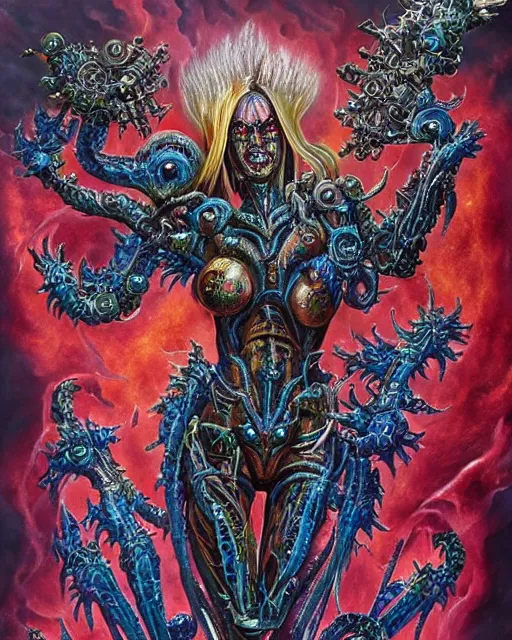 Image similar to silver mechanical charred bloody fleshmetal cyborg daemonhost woman psychedelic flamer of tzeentch with extra arms guns, blue and green rainbow fire, by antonio j. manzanedo, alex grey, android jones, wayne barlowe, philippe druillet, josephine wall, harumi hironaka, cronenburg, trending on artstation