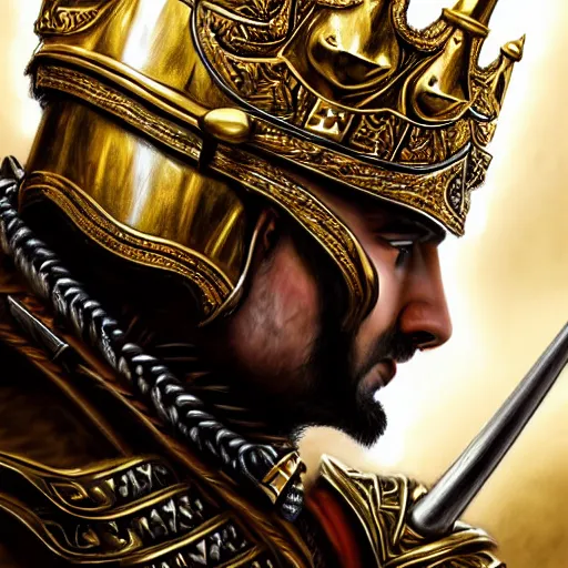 Prompt: Hyper-realistic portrait of the King of the Desert, Warrior at war, battle field, Gold Armour and Crown, Sword, handsome attractive face, attractive young man, beautiful face, photo realistic, dramatic lighting, majestic, trending on artstation, elegant, intricate, highly detailed, digital painting, concept art, sharp focus, illustration, art by artgerm and greg rutkowski and alphonse mucha