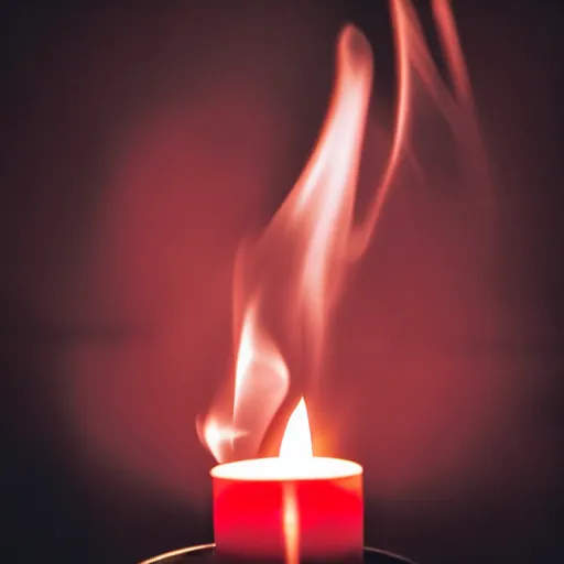 Prompt: large tapered red candle with a bright blue flame sitting on a black reflective table blurry background of gothic styled room, photorealistic, photograph, gloom, mist, smoke, fire, perspective