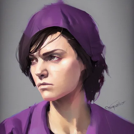 Prompt: portrait of a woman by greg rutkowski, she is about 3 0 years old, messy black bob hair, pale round face, tired eyes, she is wearing a purple nurse jumpsuit, highly detailed portrait, digital painting, artstation, concept art, smooth, sharp foccus ilustration, artstation hq