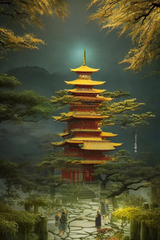 Image similar to Japanese Buddhist temple in the middle of a forest of bonsai and bamboo, powerfull, intricate, elegant, volumetric lighting, digital painting, highly detailed, artstation, sharp focus, illustration, concept art, ruan jia, steve mccurry