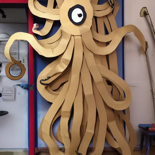 Prompt: many octopus tentacles made of cardboard, cut out of brown corrugated cardboard