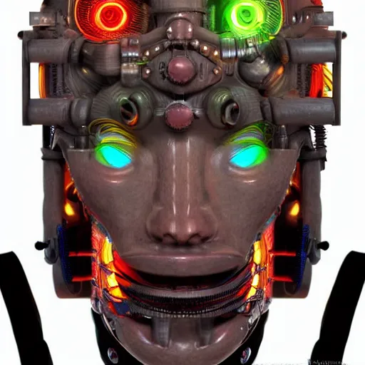 Prompt: portrait of a glossy claymodel of a steampunk aztec futuristic robot head, top of the head is covered with wires and multicolored glowing tubes, 8 k, front shot, symetrical, flourescent colors, halluzinogenic, multicolored, insanely detailed, 3 d render, octane