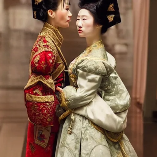 Image similar to An empress bridal ensemble is shown in a museum in a 1900s historical fantasy portrait that combines Russian and Japanese influences.