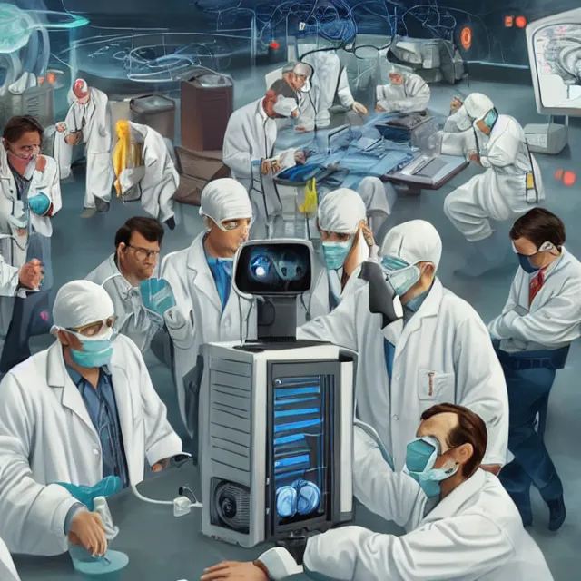 Image similar to engineers and scientists in labcoats confront a malevolent computer, glowing digital runes, panicked scientists in the background, ( futurism ), rhads!!!, james gurney, ( art fitzpatrick ), ( asaf hanuka ), ( ( barclay shaw ) ), ominous, saturday morning cartoon, clean linework, western animation