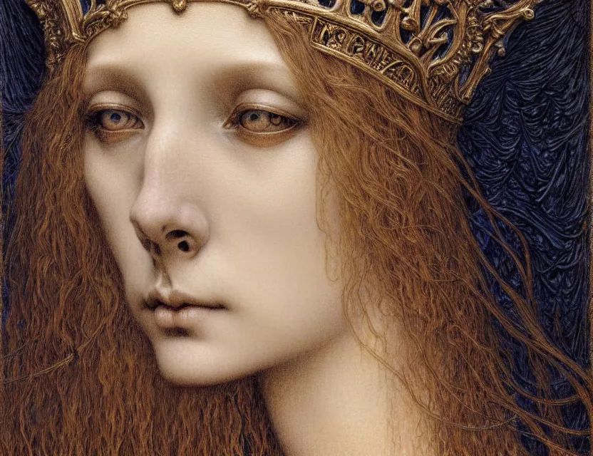 Image similar to detailed realistic beautiful young medieval queen face portrait by jean delville, gustave dore and marco mazzoni, art nouveau, symbolist, visionary, gothic, pre - raphaelite. horizontal symmetry