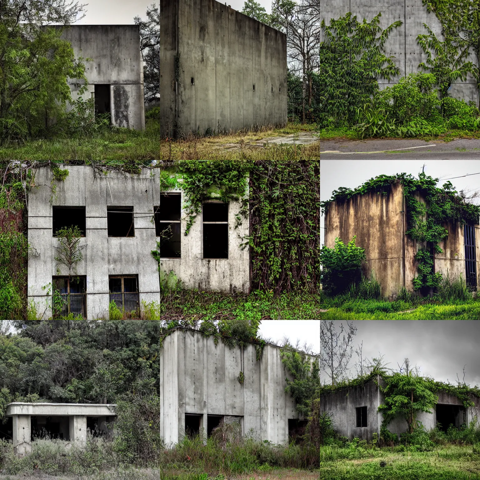 Image similar to Abandoned concrete building with plants and trees, overcast, low saturation photo