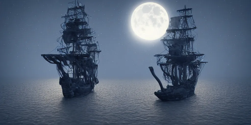 Prompt: ghost pirate ship at open sea at night, full moon behind it, 3 d art, octane render, 6 k, unreal engine,