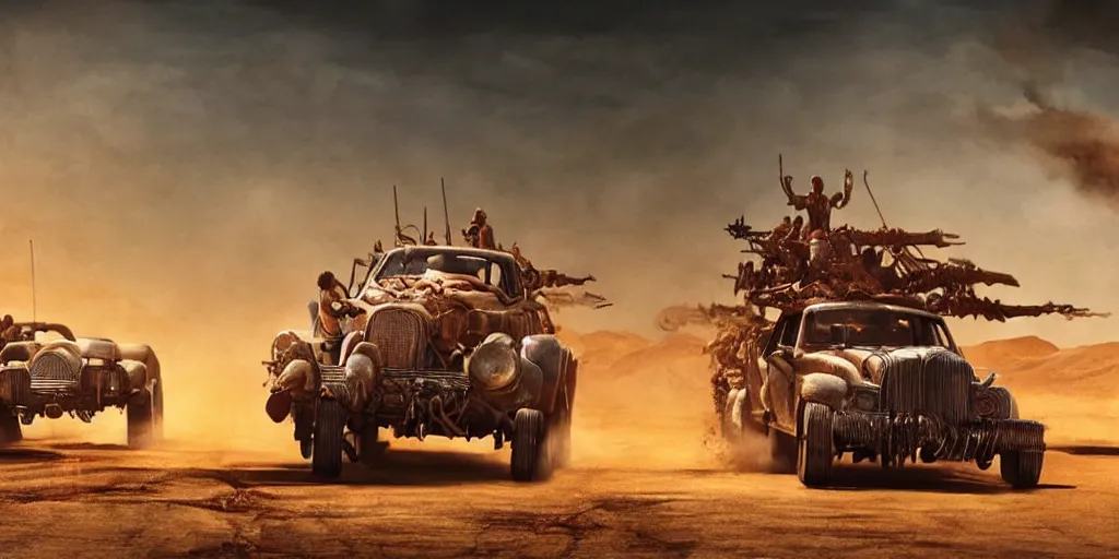 Prompt: an environmental concept art from mad max fury road, single muscle car speeding through the desert, highly detailed, cinematic, dramatic lighting by francis tneh, guy fieri eating a burger, lara croft punching a toaster