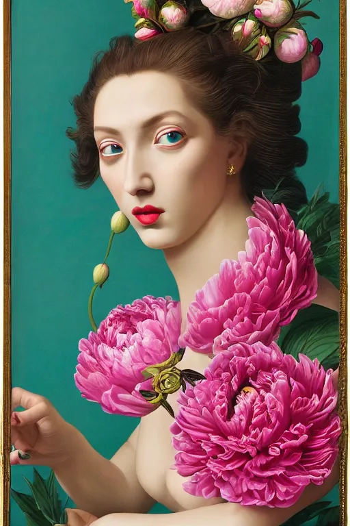 Prompt: hyperrealism close-up mythological portrait of a huge number of peony flowers merged with female with snake in mouth, turquoise palette, pale skin, wearing fuchsia silk robe, in style of classicism