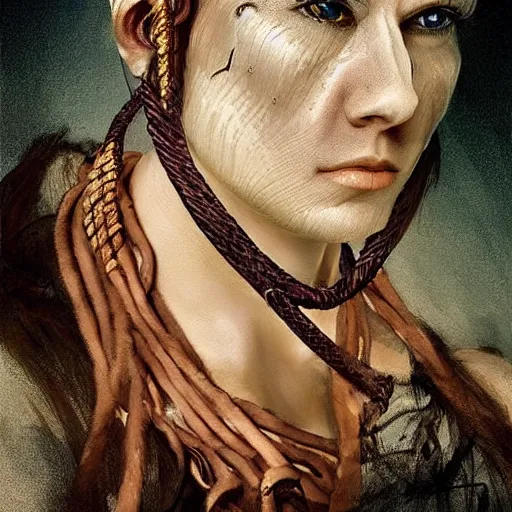 Prompt: portrait of a Shibari rope wrapped face and neck, headshot, insanely nice professional hair style, dramatic hair color, digital painting, of a old 18th century, tourist, wrap around eye patch, amber jewels, baroque, ornate clothing, scifi, realistic, hyper detailed, child, chiaroscuro, concept art, art by Franz Hals and Jon Foster and Ayami Kojima and Amano and Karol Bak,