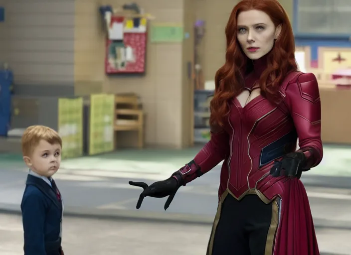 Image similar to Scarlett Witch working as a kindergarten teacher in the new avengers movie, 4k