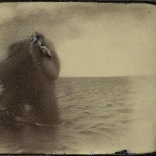 Image similar to tintype photo, bigfoot swimming underwater