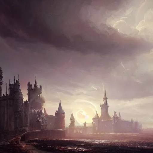 Prompt: a victorian setting, dramatic light, castle background, clouds, moon, storm, night, high detail, fantasy background, painted by greg rutkowski, digital art, trending on artstation