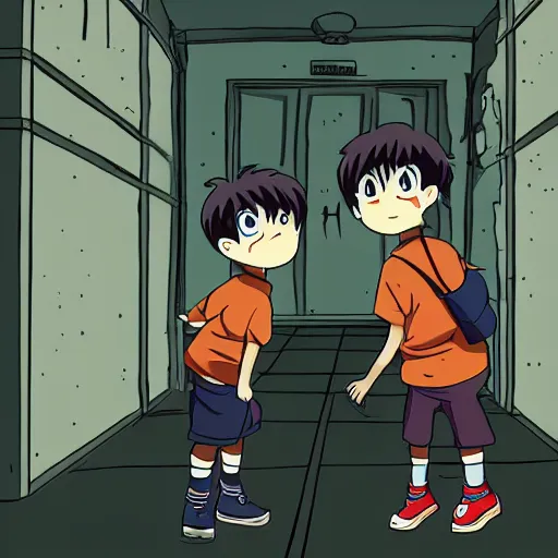 Image similar to two boys explore a haunted school at night, anime, animated