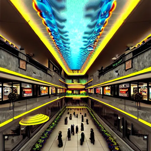 Image similar to hyperrealism photography computer simulation visualisation of parallel universe mall in surreal scene from art house movie from nefuturistic sci - fi setting by caravaggio rendered in mandelbulb 4 d