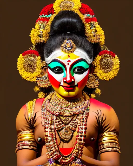 Prompt: photo of a gorgeous young Kathakali dancer wearing elaborate makeup and full kathakali costume in the style of stefan kostic, realistic, sharp focus, symmetric, 8k high definition, insanely detailed, intricate, elegant, art by stanley lau and artgerm, William-Adolphe Bouguereau