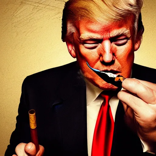 Image similar to a high detail photo of donald trump smoking a cigarrette, subject= donald trump, subject detail: extremly detailed, subject action: smoking a cigar, photorealism, dramatic lighting, award winning photograph, trending on artstation