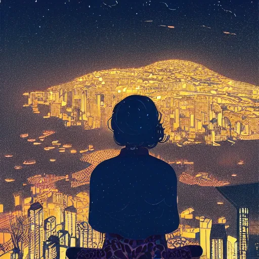 Prompt: a girl sitting on a hill watching the night view of a busy city from a distance, by Victo Ngai, artstation, Detail, HD