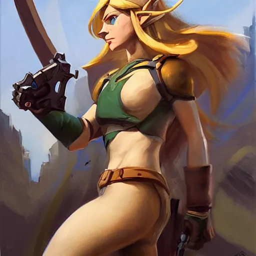 Image similar to greg manchess portrait painting of partially armored female link from legend of zelda as overwatch character, medium shot, asymmetrical, profile picture, organic painting, sunny day, matte painting, bold shapes, hard edges, street art, trending on artstation, by huang guangjian and gil elvgren and sachin teng