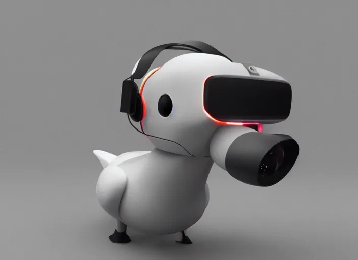 Image similar to Clay render of a cute robotic Goose with a VR headset; trending on artstation, Octane render, Unreal Engine, highly detailed