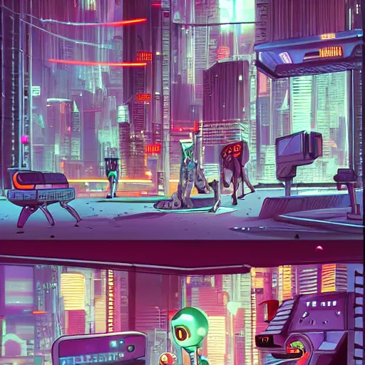 Prompt: cats and robots in a cyberpunk universe